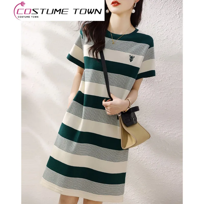 

2023 Spring/Summer New Striped Dress Style Slim Round Neck High Waist Mid Length Dress Loose Dress Trend