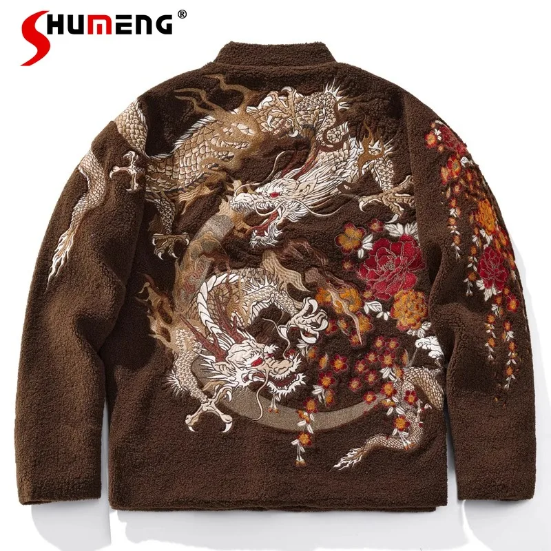 New Buckle Chinese Style Coat Cotton Clothing Lambswool Cartoon Embroidery Men's Personality Dragon Year Fashion Brand Jaquetas