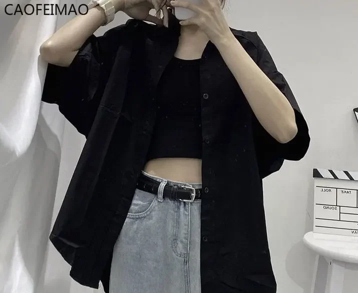 2025Shirts Women Short Sleeve Solid Harajuku Loose Vintage Ladies Tops All-match Summer Chic Stylish Basic Black Clothing Girls