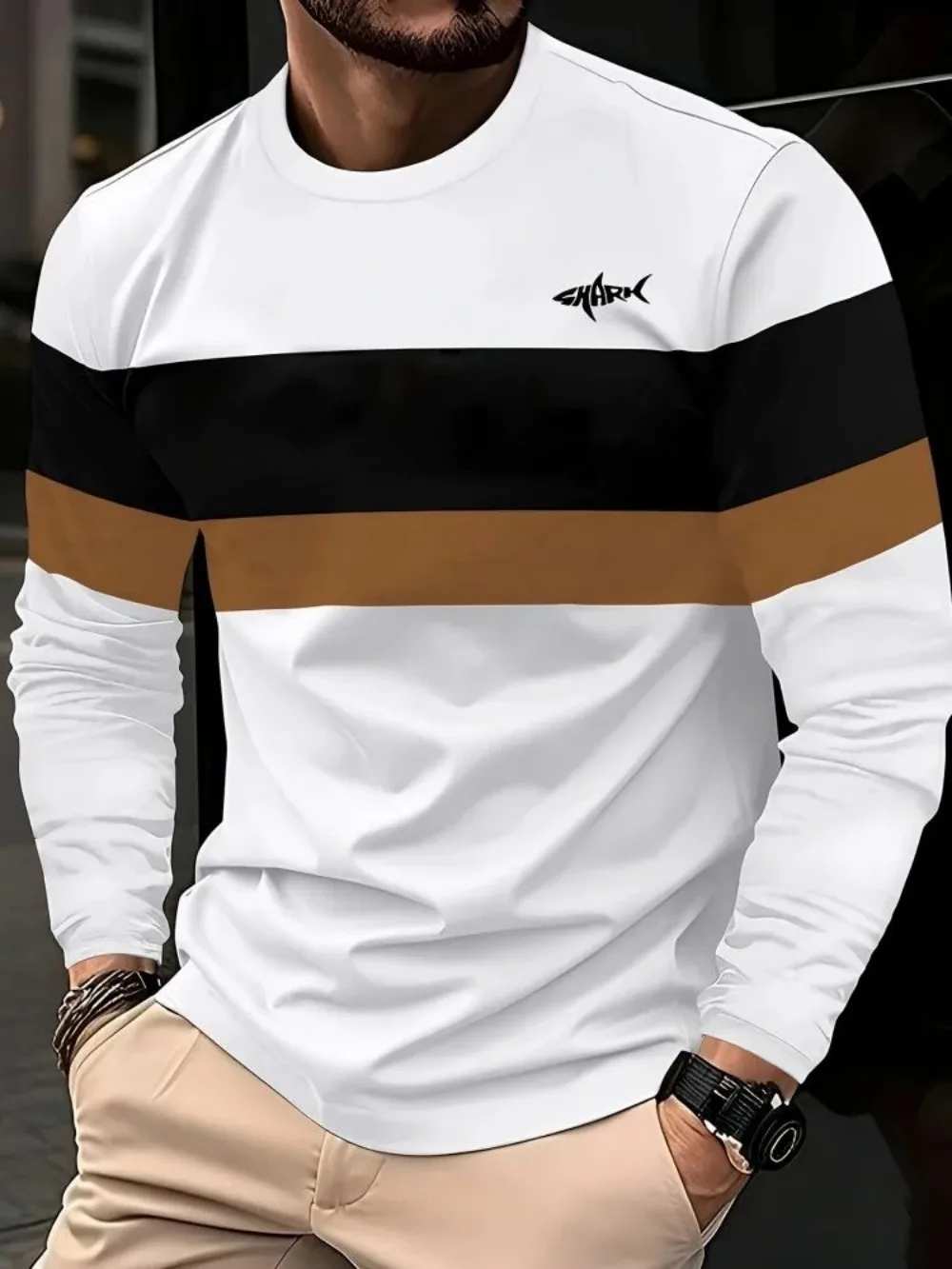 New men's autumn minimalist striped letter printed micro elastic comfortable round neck long sleeved T-shirt outdoor casual top