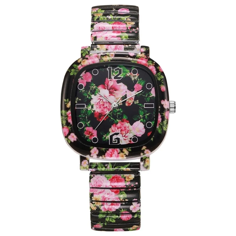 Stainless Steel Quartz Bracelet Watch Floral Printed Elastic Square Wristwatch Colorful Rainbow Gradient Stretch Strap Watch