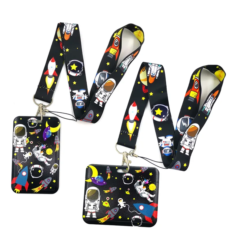 Moon Astronaut Universe Lanyard Credit Card ID Holder Bag Student Women Travel Card Cover Badge Car Keychain Decorations