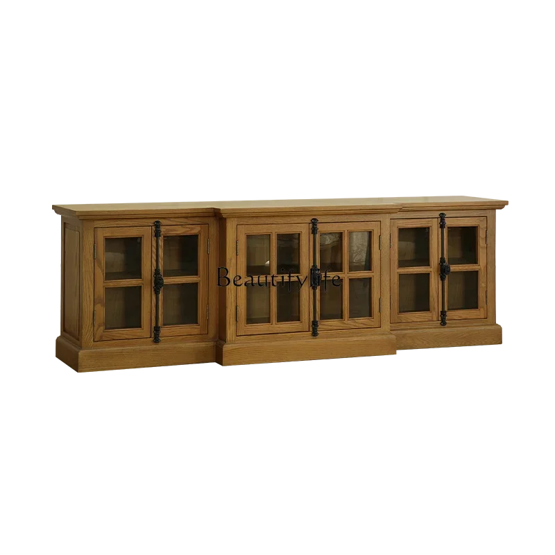 

*FG44American country solid wood oak TV cabinet high cabinet living room floor storage