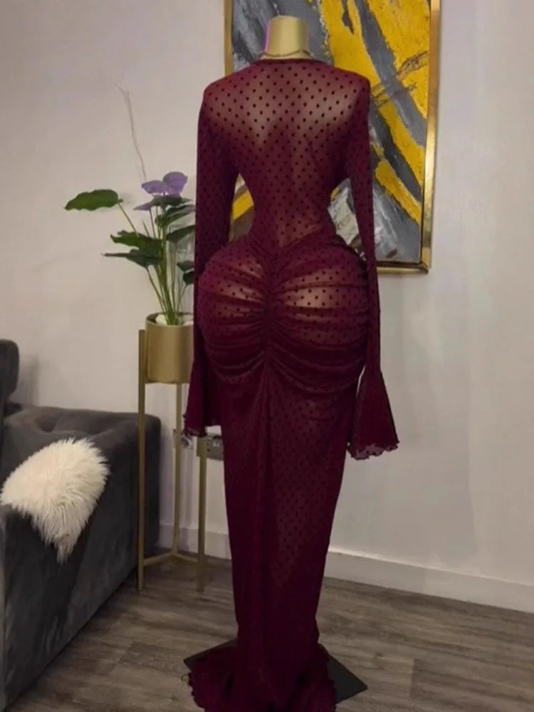 여성용 화려한 봄 드레스, 우아한 플레어 긴 소매, 곡선미를 살린 플로킹 드레스, 메쉬 투명 보헤미안 맥시 드레스, 슬링 안감 포함