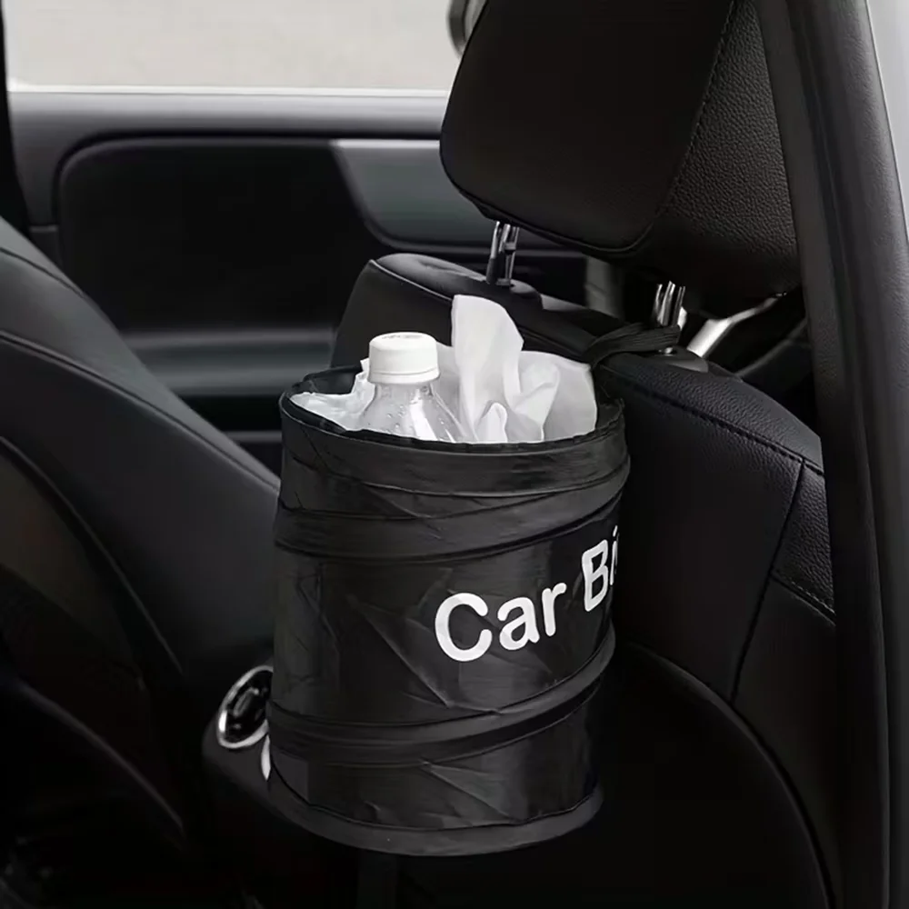 Mini Black Collapsible Pop-up Car Trash Can Waterproof Hanging Garbage Bin with Velcro for Vehicle Interior Organization