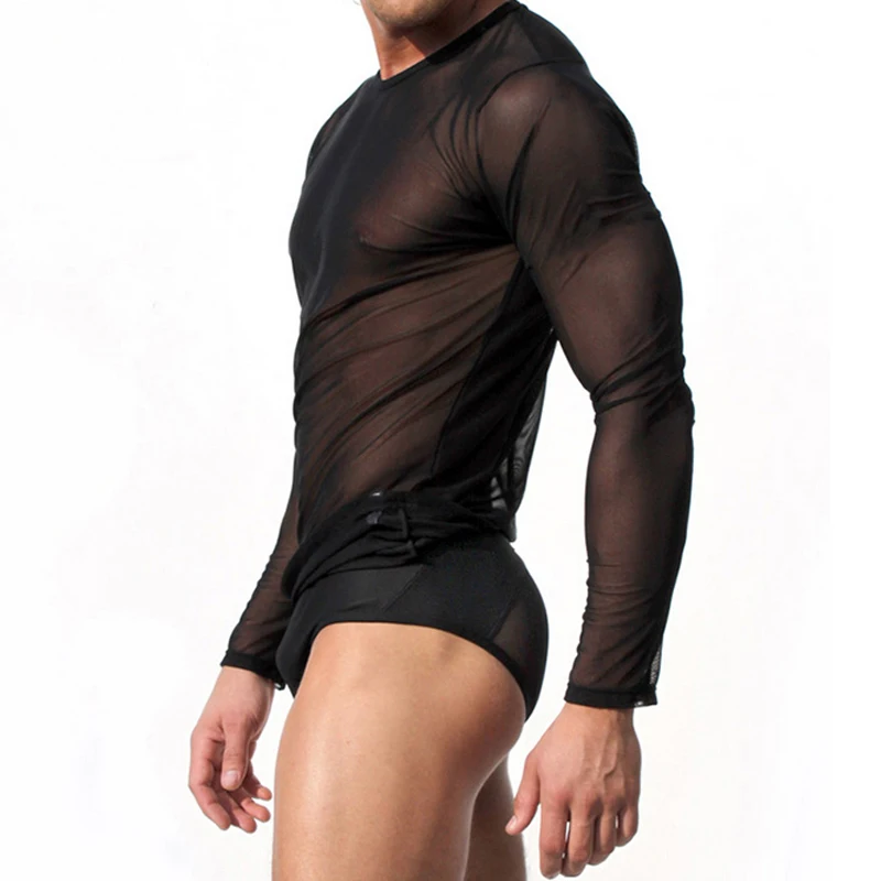 CLEVER-MENMODE Unique T-shirt Men Sexy Transparent Long Sleeve Tees Tops T Shirt Undershirt See Through Fitness Slim Casual image 4