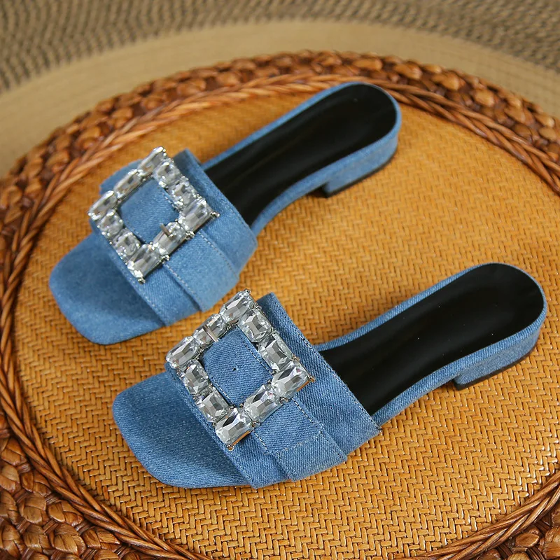 Cowboy Rhinestone Sandals Women 2024 Summer Flat Flip Flops Diamond Fashions Slingback Pumps Square Toe Jeans Slippers Women