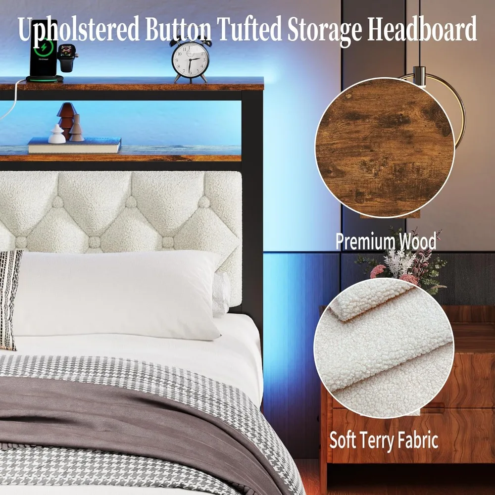 إطار سرير عائم كامل مع لوح رأسي، وإطارات سرير عائمة LED مع قاعدة شحن ومسند ظهر منجد، ورف تخزين