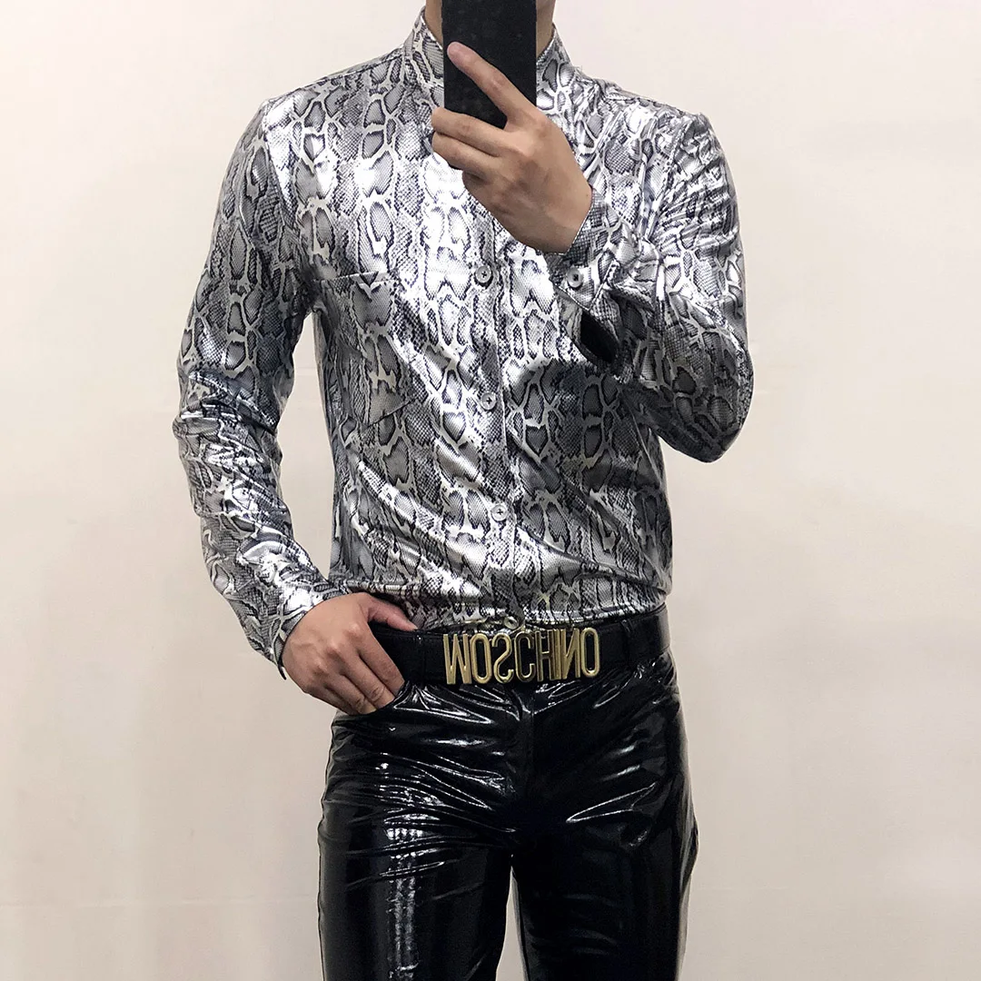 Spring Gold Snake Leopard Print Shirts For Men's Highlight Shine Shirt New Male Slim Plus Size Nightclub Sexy Clothes Dress Tide