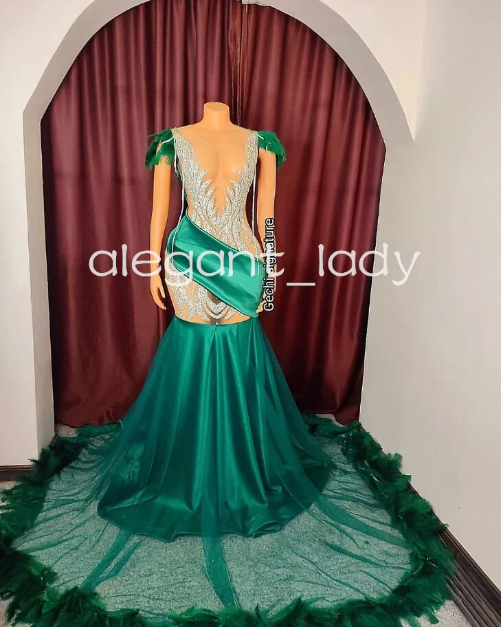 Hunter Green Sparkly Mermaid Evening Formal Dresses for Black Girl Luxury Feather Diamond Crystal Prom Gala Ceremony gown