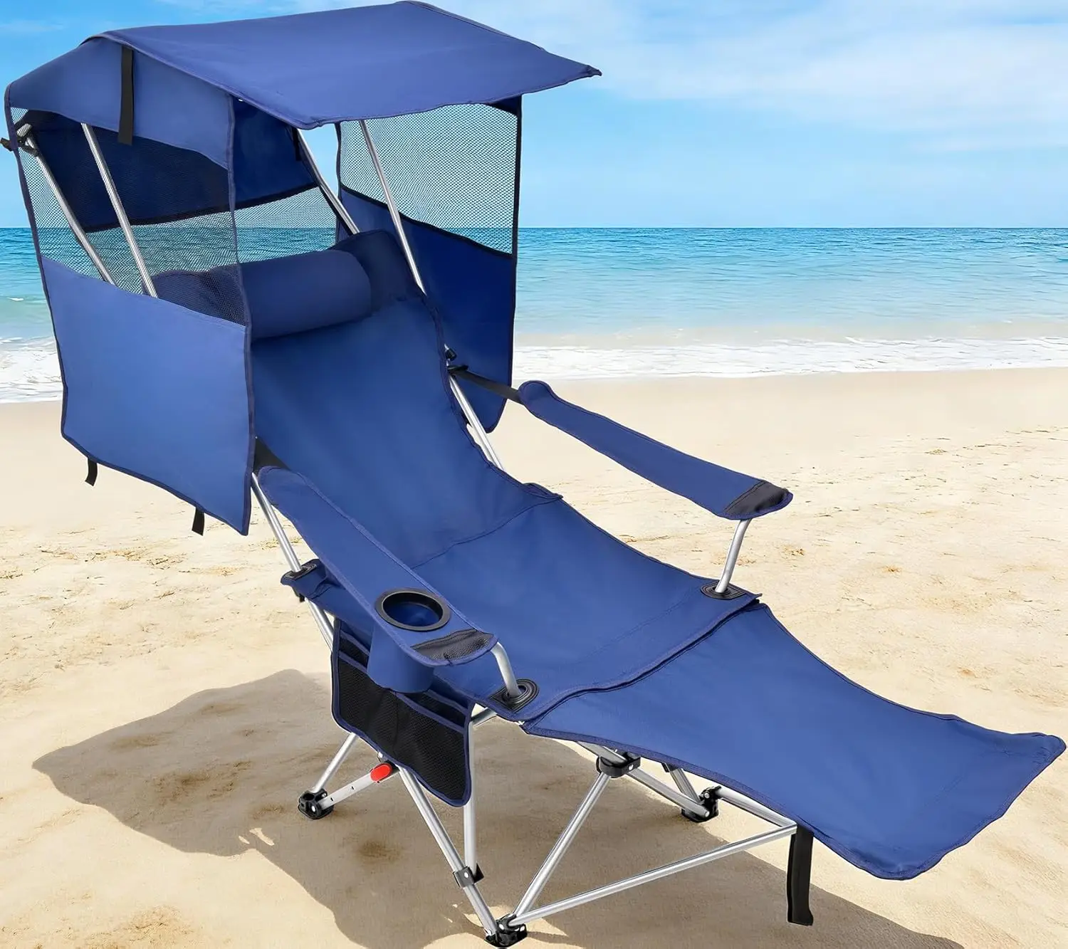 

Reclining Camping Chair With Canopy Foot Rest Four Position Folding Beach Chair Adjustable Shade Detachable Leg Rest Supportive