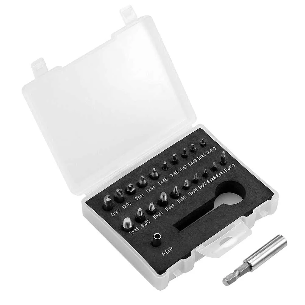 

22 Pcs Extractor Kit Carbon Steel Damaged Remover Socket Adapters Tools Storage Box Tap Die Socket Adapters Set H Tools