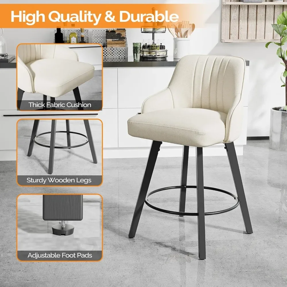 مجموعة مقاعد للبار دوارة مكونة من 2، مقعد منجد من قماش الكتان مع ظهر، كراسي عالية للمطبخ بارتفاع العداد