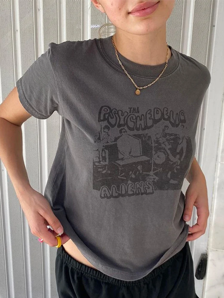 Classic Rock Graphic T-shirts Women Casual Summer Gray O Neck Short Sleeve Cotton Crop Top Vintage Streetwear Slim Y2k Tees Chic image 2