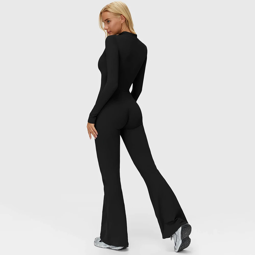 Women Bum Winter Yoga Suit Long Sleeve Flare Workout Jumpsuit Zip Up Romper Bottom Pants Wide Leg Bodysuit Bodycon One Piece Set