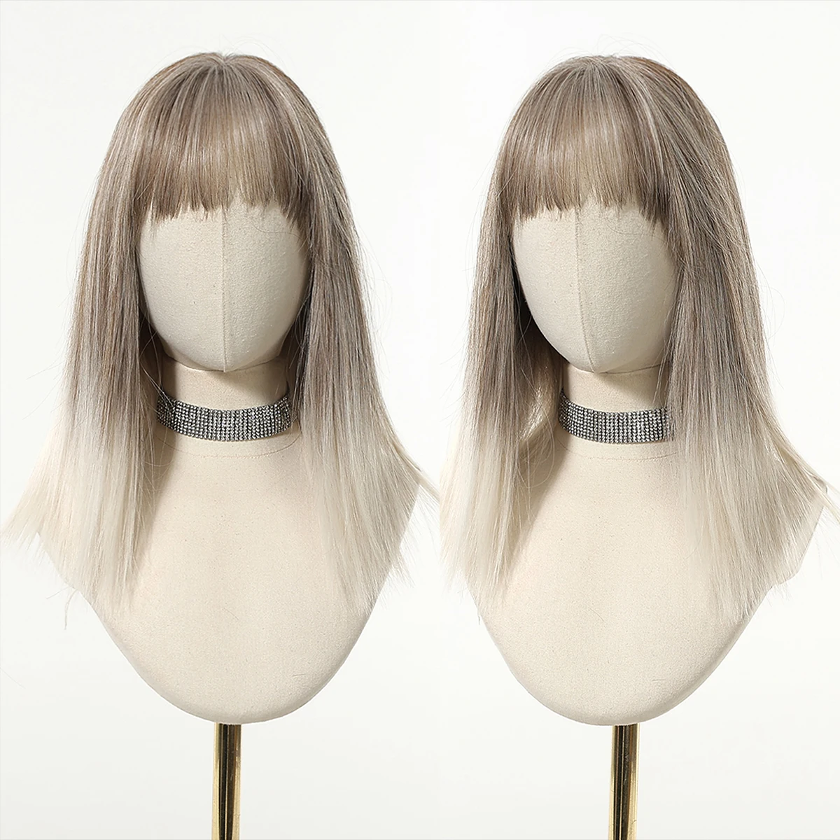 EASIHAIR グレーホワイトオンブル合成かつら前髪付きミディアムレングスストレートヘアウィッグ女性のための日常使用コスプレ耐熱