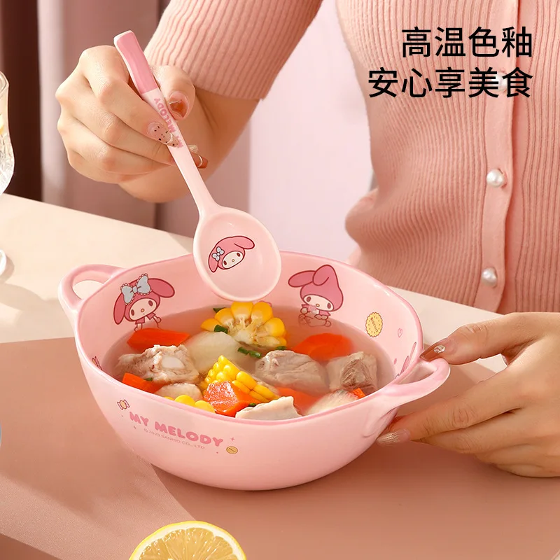 Ins Hot Sanrios Hellokitty Two-Ear Soup Bowl Salad Bowl Cartoon My Melody Ceramic Bowl Dessert Bowl Cute Home Office Tableware