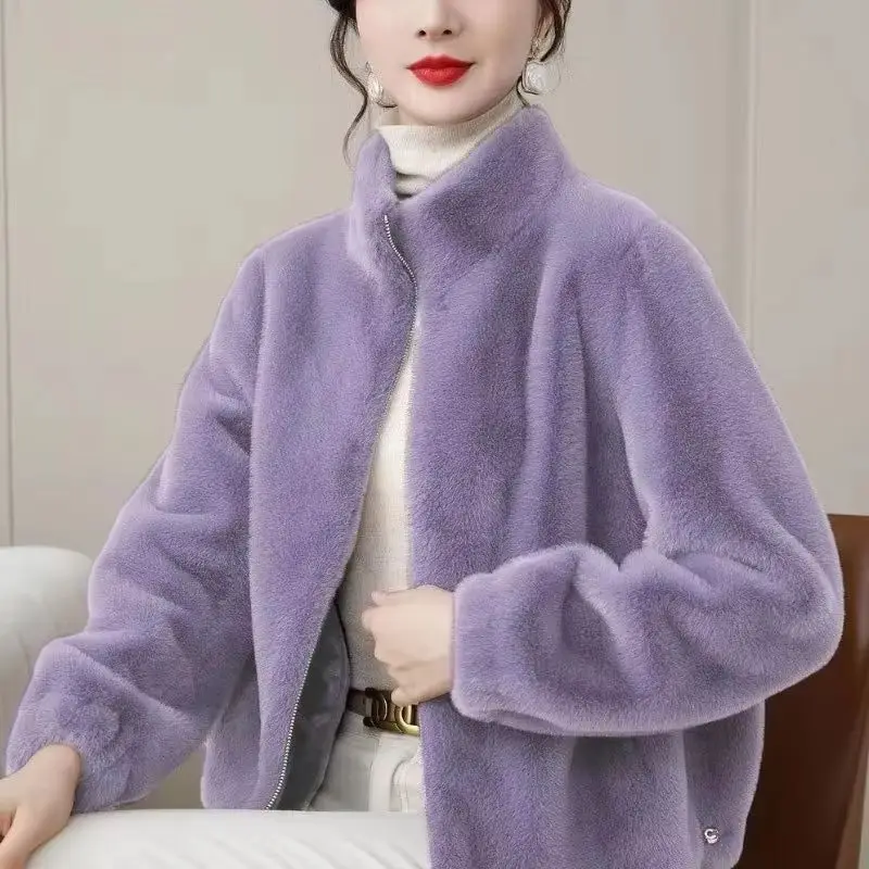 

High-end Imitation Mink Velvet Short Jacket 2026 Spring Autumn Warm Casual Fashion Foreign Style Versatile Cardigan Stand-up