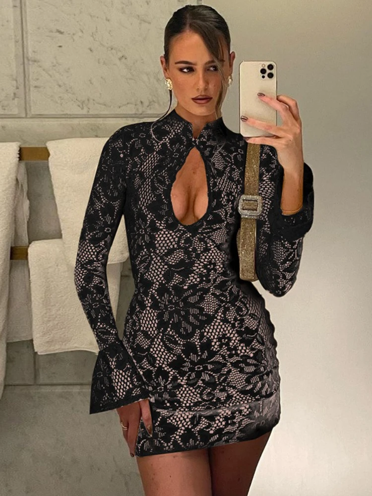 FDYOUI スタンドカラーフレアスリーブ中空アウトショートパーティークラブドレス女性のためのエレガントなレディース秋ボディコンレースイブニングドレス