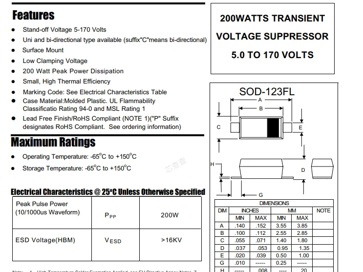 (100 pcs) SMF26CA SOD-123F - Bidirectional TVS Diode 26V 200W