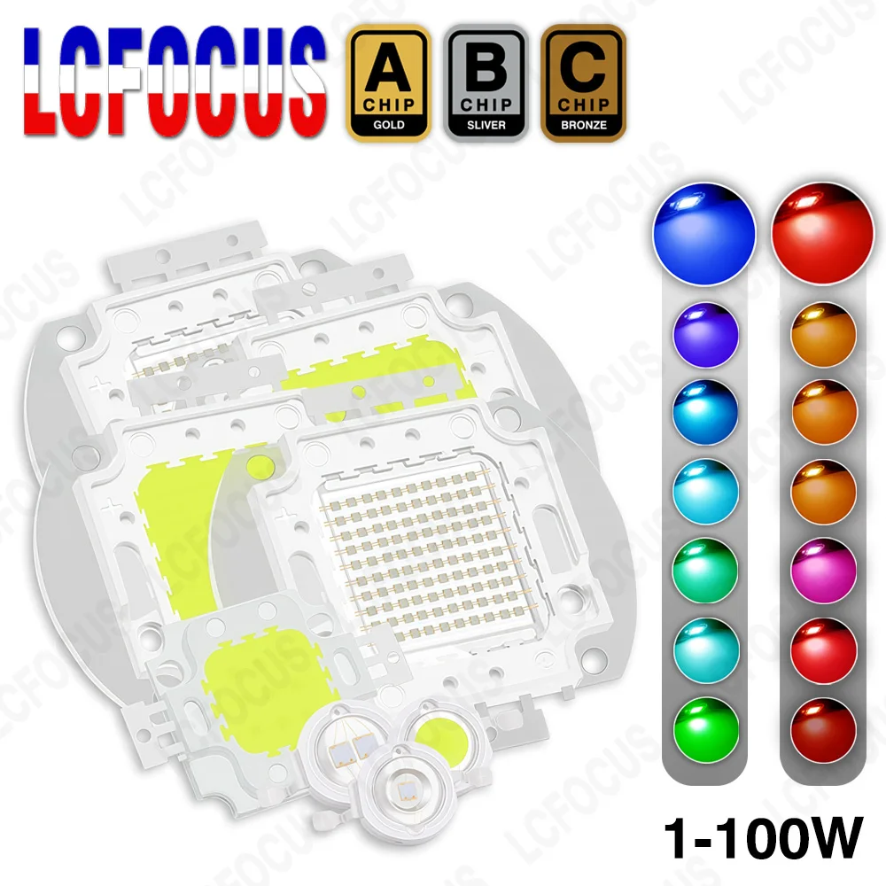 1W 3W 5W 10W 20W 30W 50W 100W LED Chip Red Green Blue Cyan Yellow Amber Orange 440nm 470nm 480nm 540nm 660nm COB Light Beads