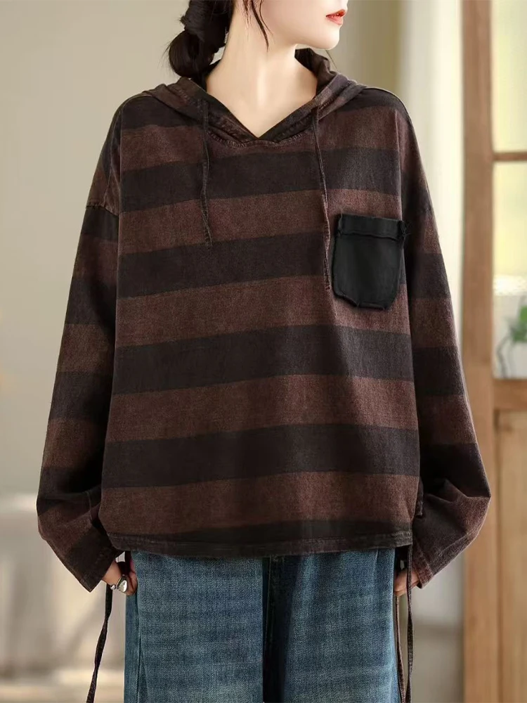 Amax LuluE 2025 hiver mode à capuche rayé t-shirts femmes coréen vêtements décontractés en vrac dames classique élégant Vintage hauts