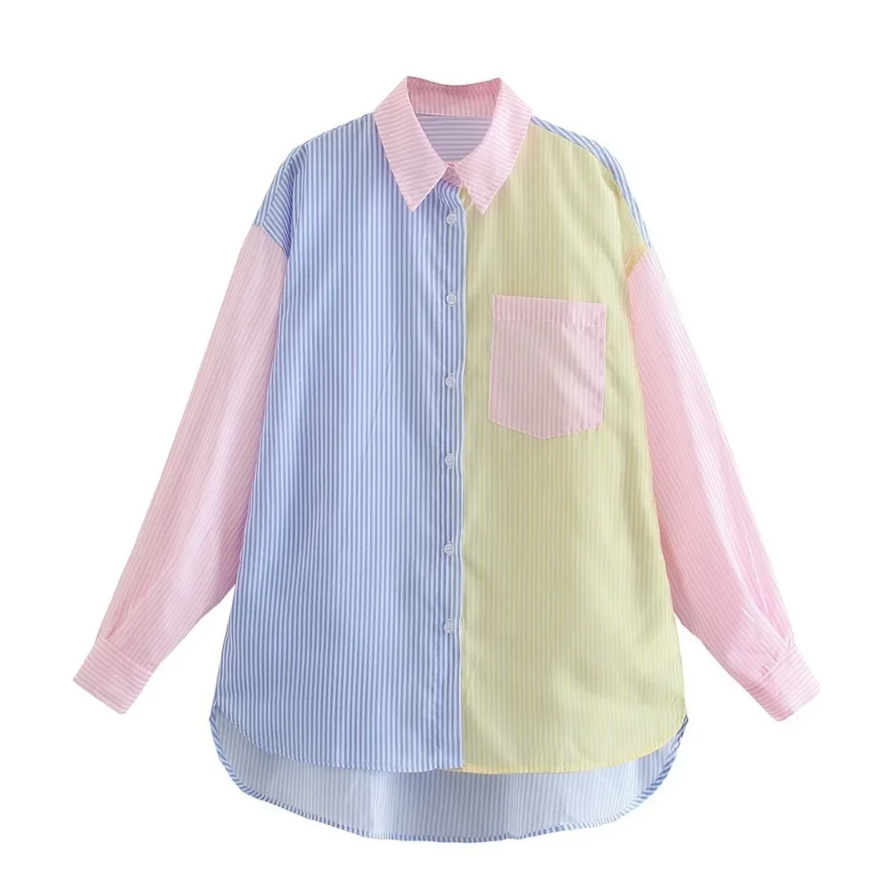 Women\'s Casual Shirt Colorblock Striped Print Long Sleeve Turn Down Collar Button Up Tunic Shirt Top Ladies Daily Outfit