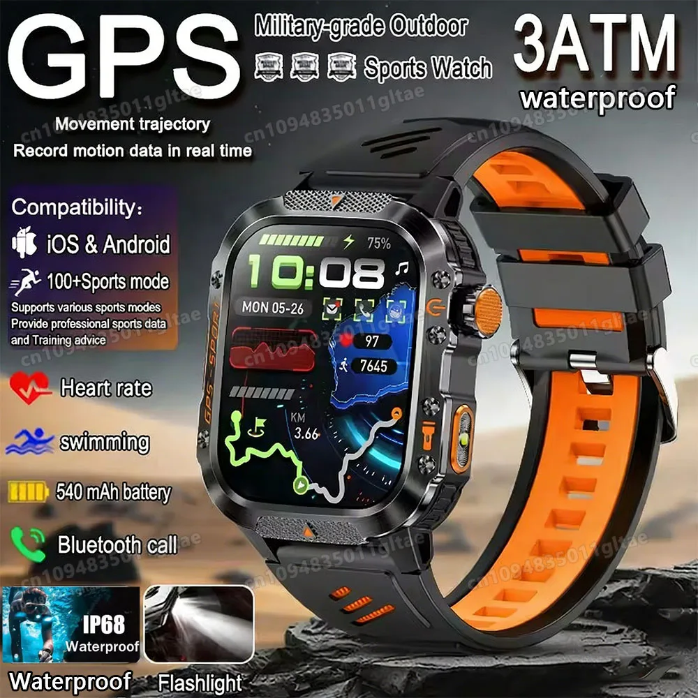 2026 New Military-grade Smart Watch Men GPS Flashlight 3ATM Waterproof Watch Bluetooth Call 100+Sport Outdoor Smartwatch Pk HT30