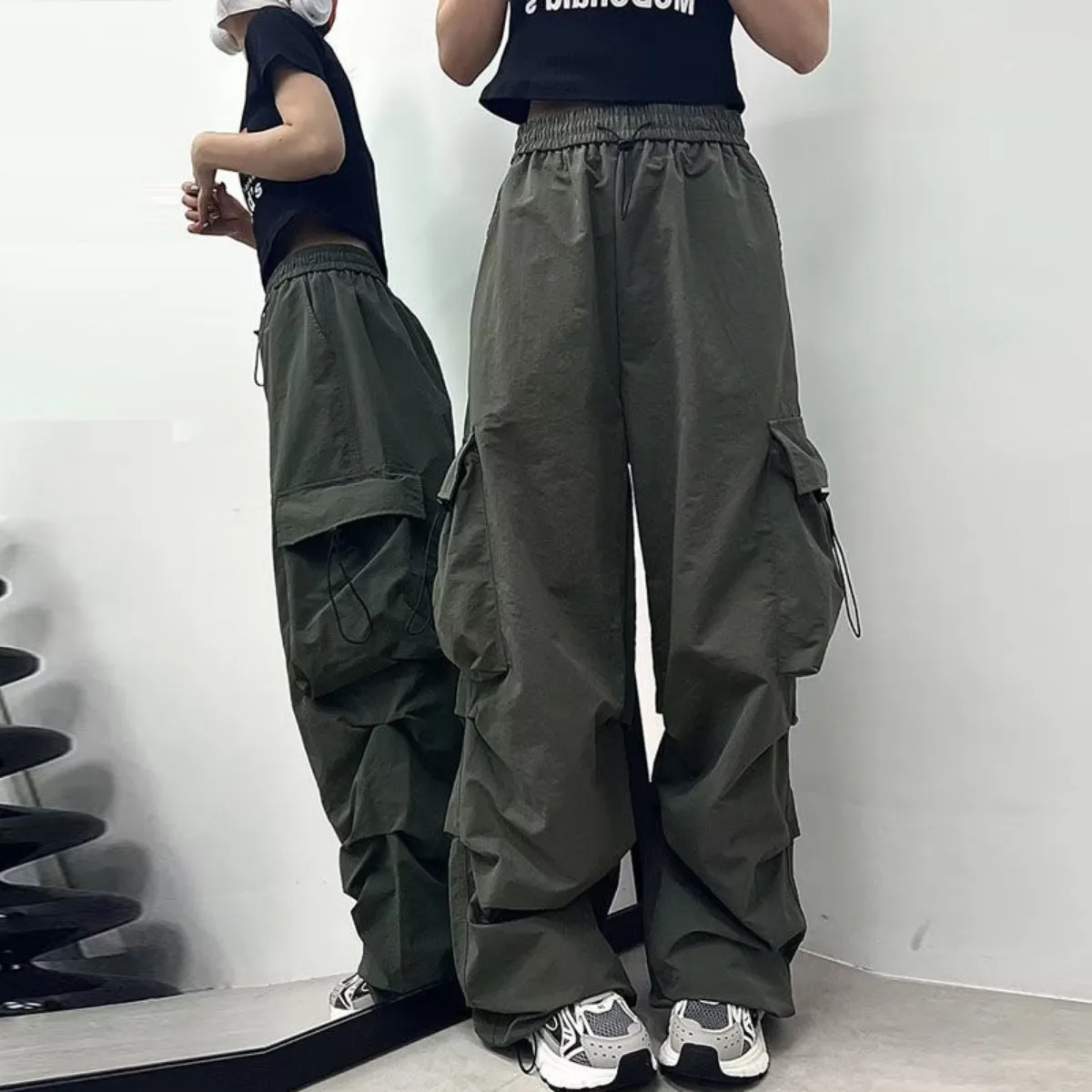 Girls' Harajuku Streetwear Fashion Straight-leg Pants Black Cool Multi-pocket High Waist Versatile Drape Loose Wide-leg Trousers