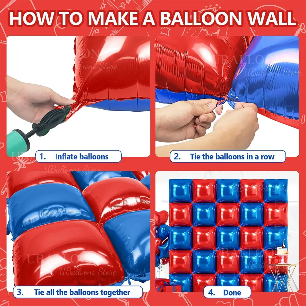 25/129 Stück rot blau quadratische Folienballons Wand rot Königsblau Luftballons Girlande für Geburtstag Abschluss Unabhängigkeit Hintergrund Dekor – Detail 4