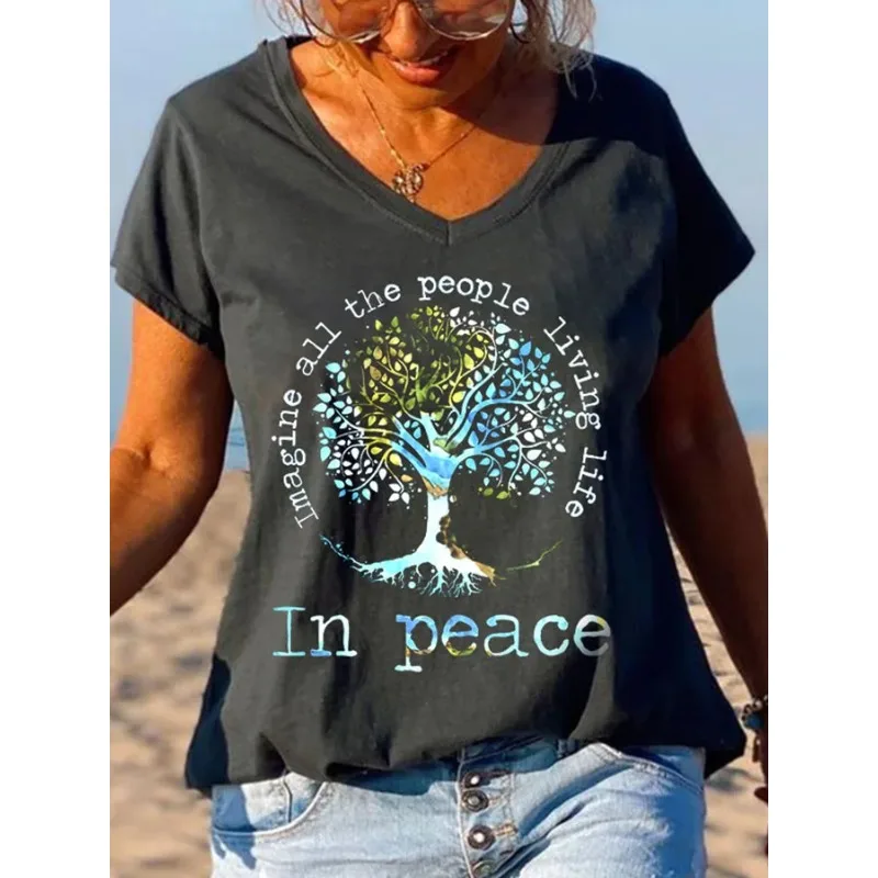 Kurzarm-T-Shirts für Damen, lässiges T-Shirt mit V-Ausschnitt, Sommer-Tops im Hippie-Stil, Sommer-T-Shirts mit Strand-Print