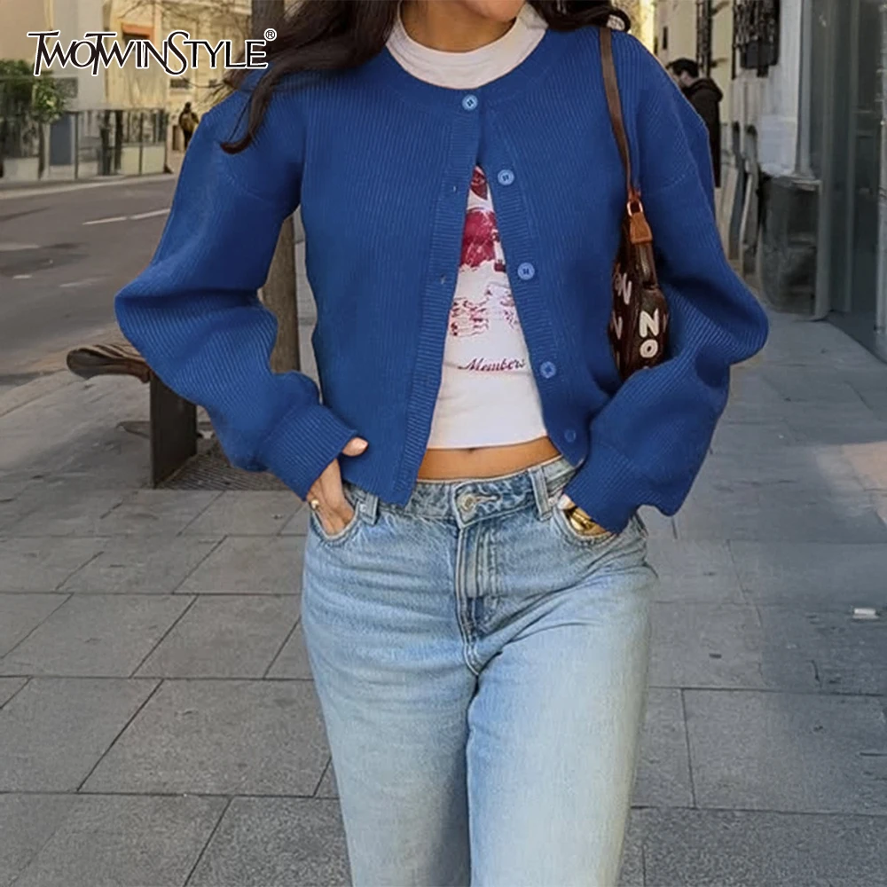 

TWOTWINSTYLE Minimalist Casual Sweater for Women O Neck Lantern Sleeve Patchwork Buttons Solid Fashion Cardigans Female Autumn