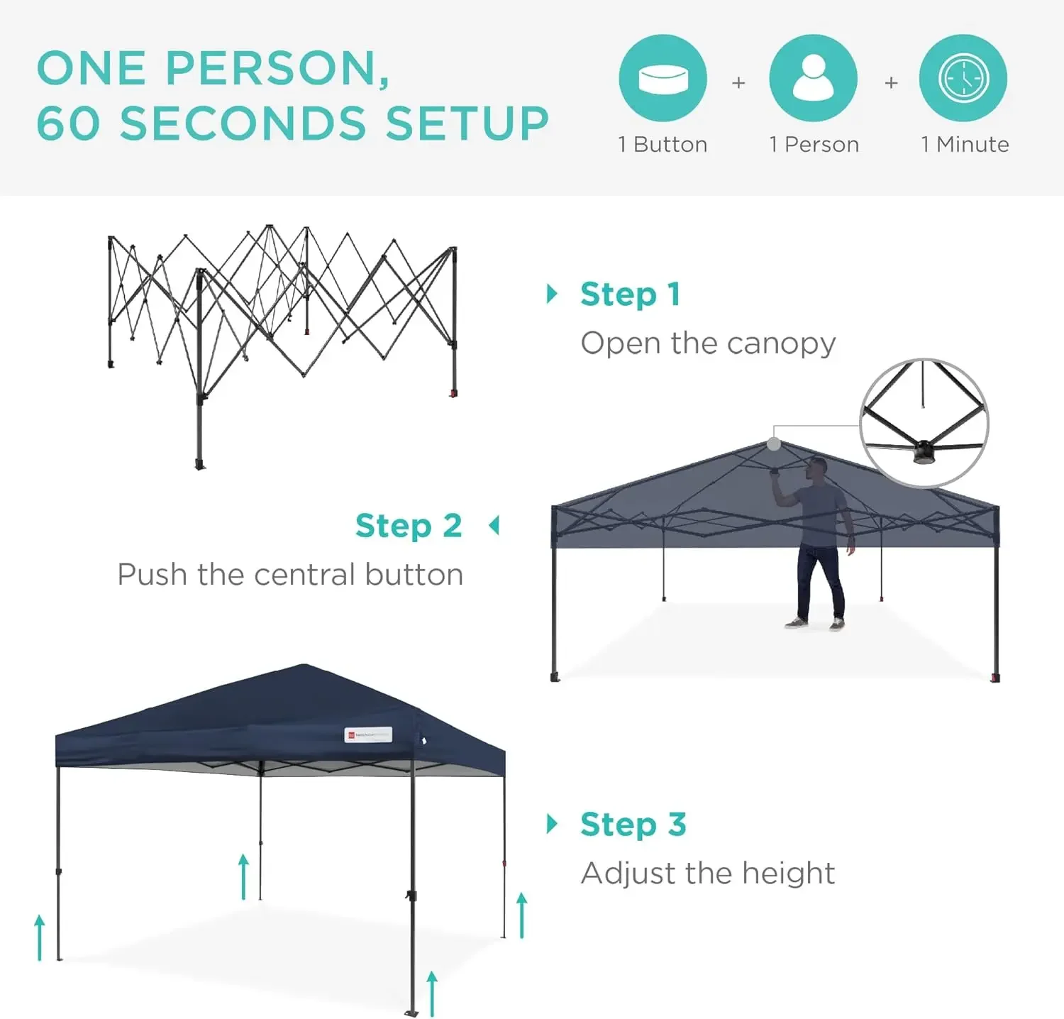 

10x10ft 1-Person Setup Pop Up Canopy Tent Instant Portable Shelter w/ 1-Button Push, Case, 4 Weight Bags - Blue