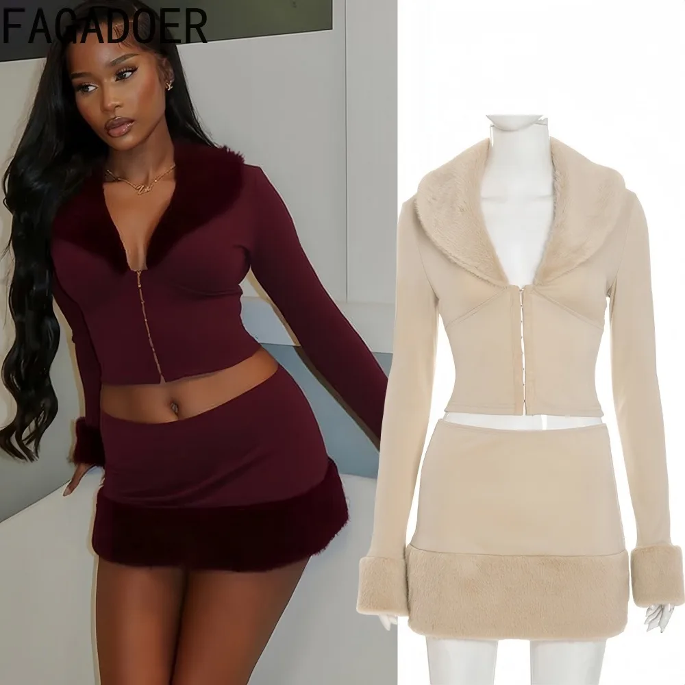 

FAGADOER Sexy Fur Patchwork 2 Pieces Set for Woman Outfit Solid Color Deep V-neck Crop Top + Skirt Female Streetwear Clothing