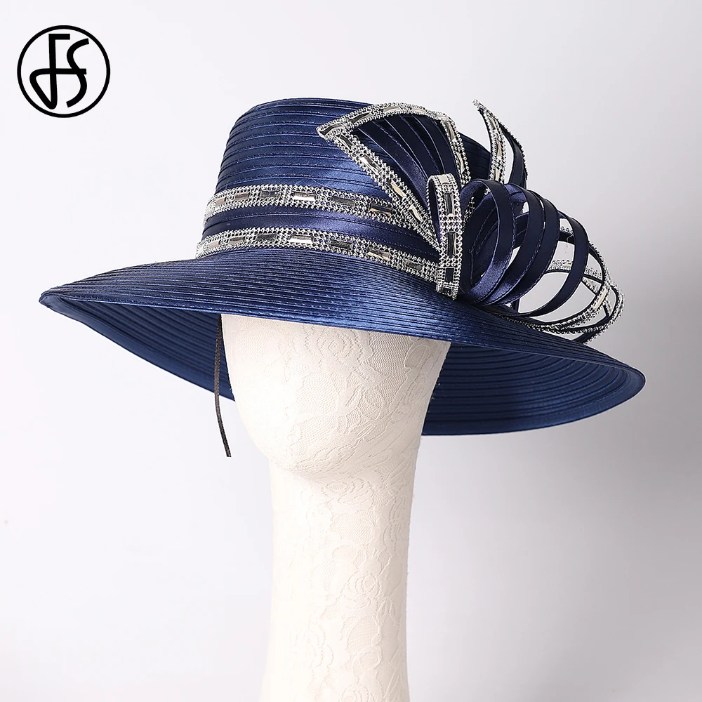 FS Elegant White Wide Brim Top Hats For Women With Bow Wedding Bridal Millinery Formal Occasion Female Church Derby Cap 2024