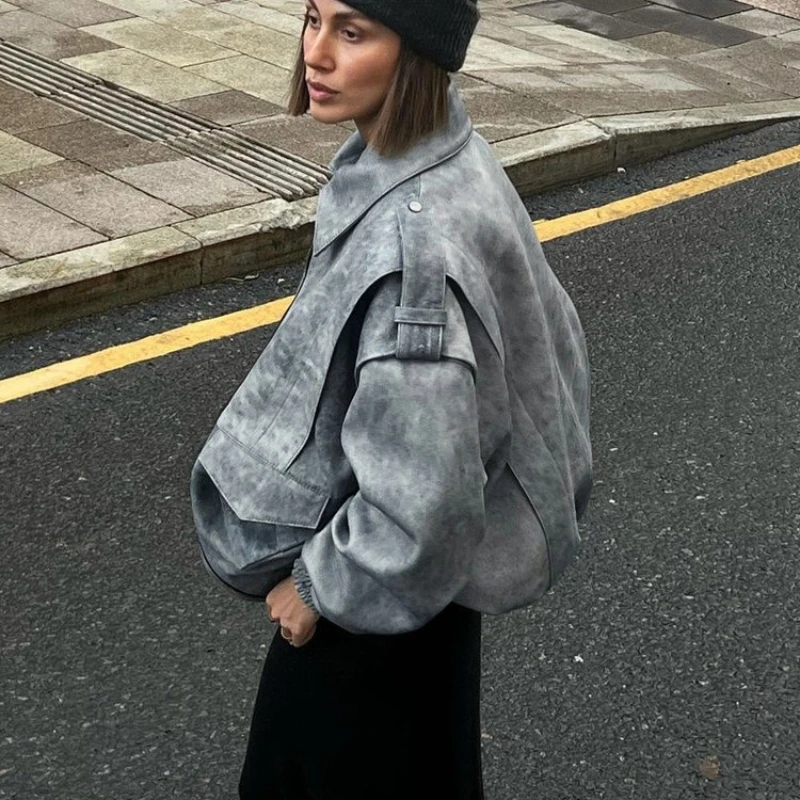 

TARUXY Retro Lapel Locomotive Leather Jacket Women's Long Sleeves Loose Pocket Zipper Stitching Coat Autumn High Street Jacket