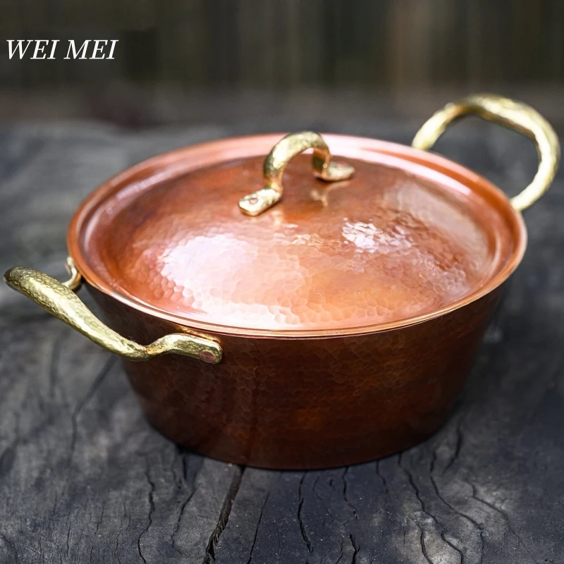 

Handcrafted Copper Small-Sized Pasta Pot,With lid Hammer Texture Picnic Soup Pot,Portable Thickened Bottom Pan Retro Tableware