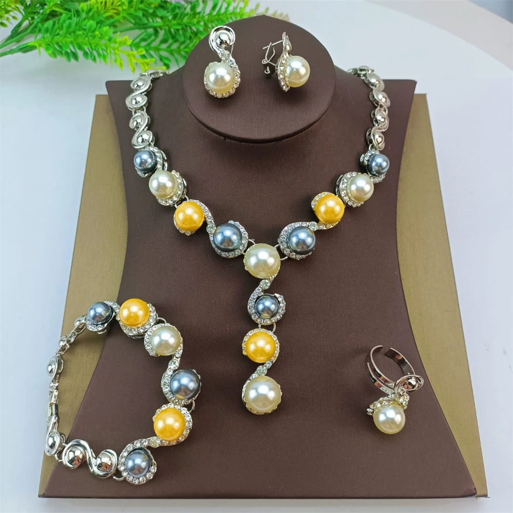 طقم مجوهرات نسائي عصري من الخرز الاصطناعي من EMMA مطلي بالذهب وقلادة وأساور وأقراط وخاتم للارتداء اليومي #6