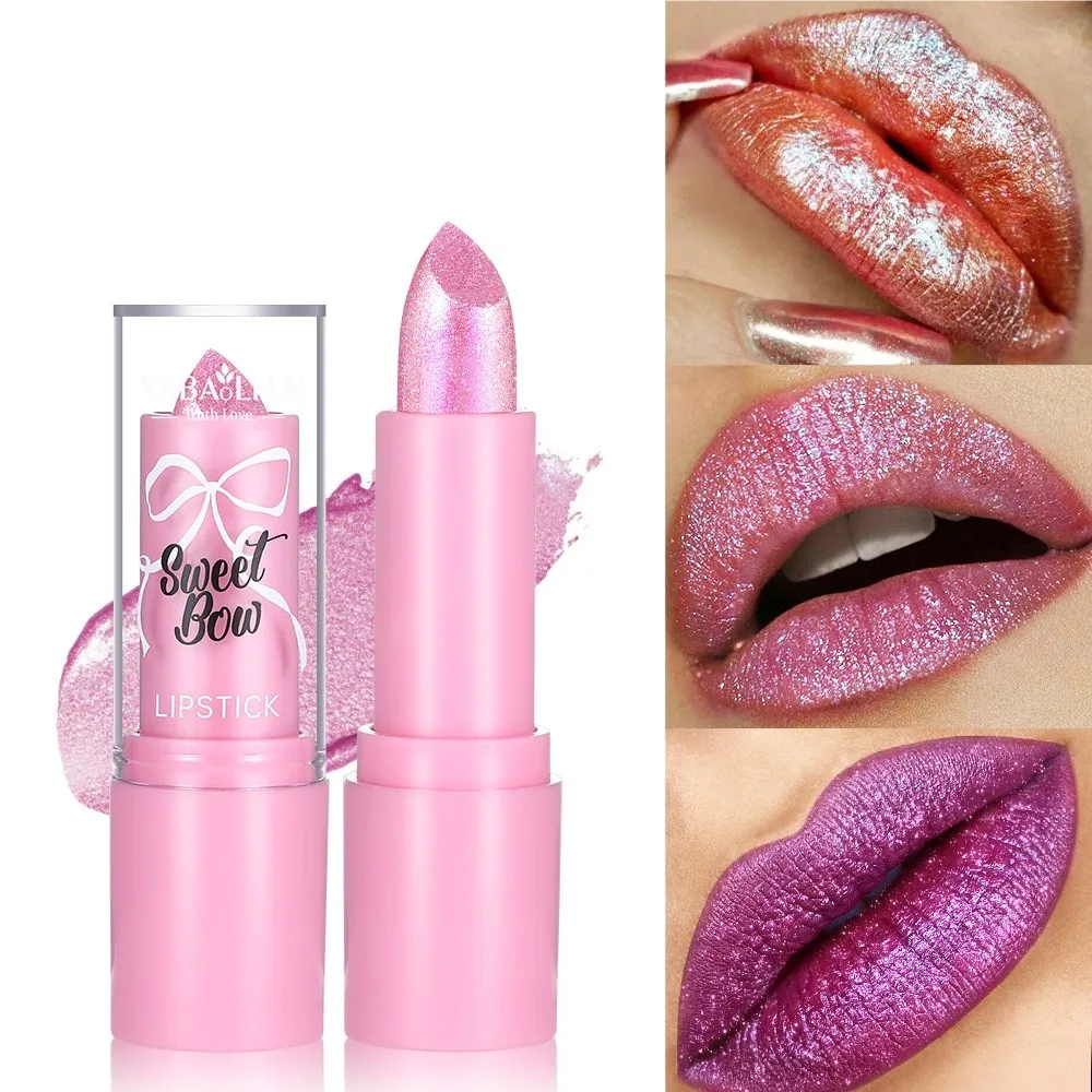 New Velvet Pearl Pink Lipstick Waterproof Non-stick Cup Metallic Lipstick Sparkling Glossy Finish Glitter Lipstick Cosmetic