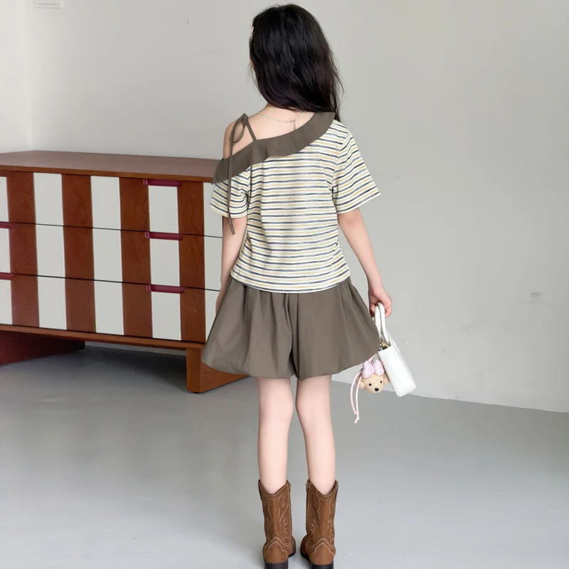 2026 summer girl's floral bud pants suspender t-shirt children's striped off shoulder shorts set slanted shoulder short sleeved
