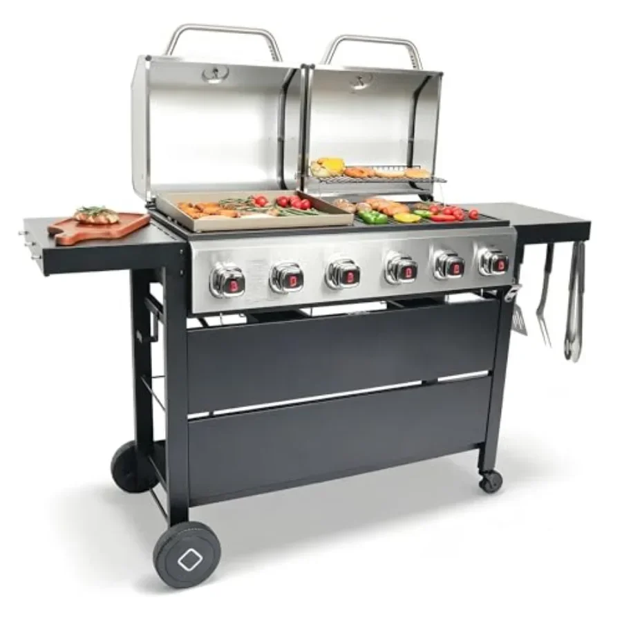 

Backyard barbecue propane gas grill griddle combo: 6-burner, porcelain-enameled cast iron grates, cast iron flat top pan, dual-
