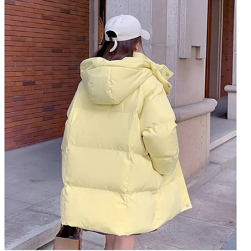 المرأة شتاء دافئ سميكة القطن وسادة مبطنة 2025 الكورية نمط فضفاض مقنعين سترة معطف طويل مع تصميم الخبز #2