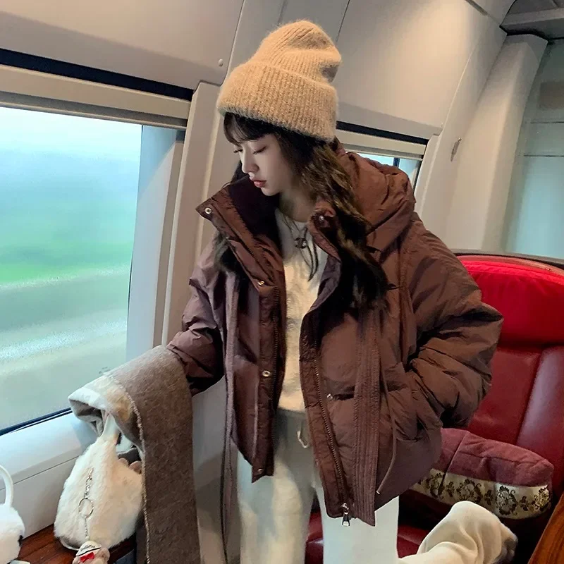 Neue 2025, Herbst/Winter Parkas Frauen Koreanischen Stil Mit Kapuze Langarm Mantel Solide Büro Baumwolle Jacke Frau