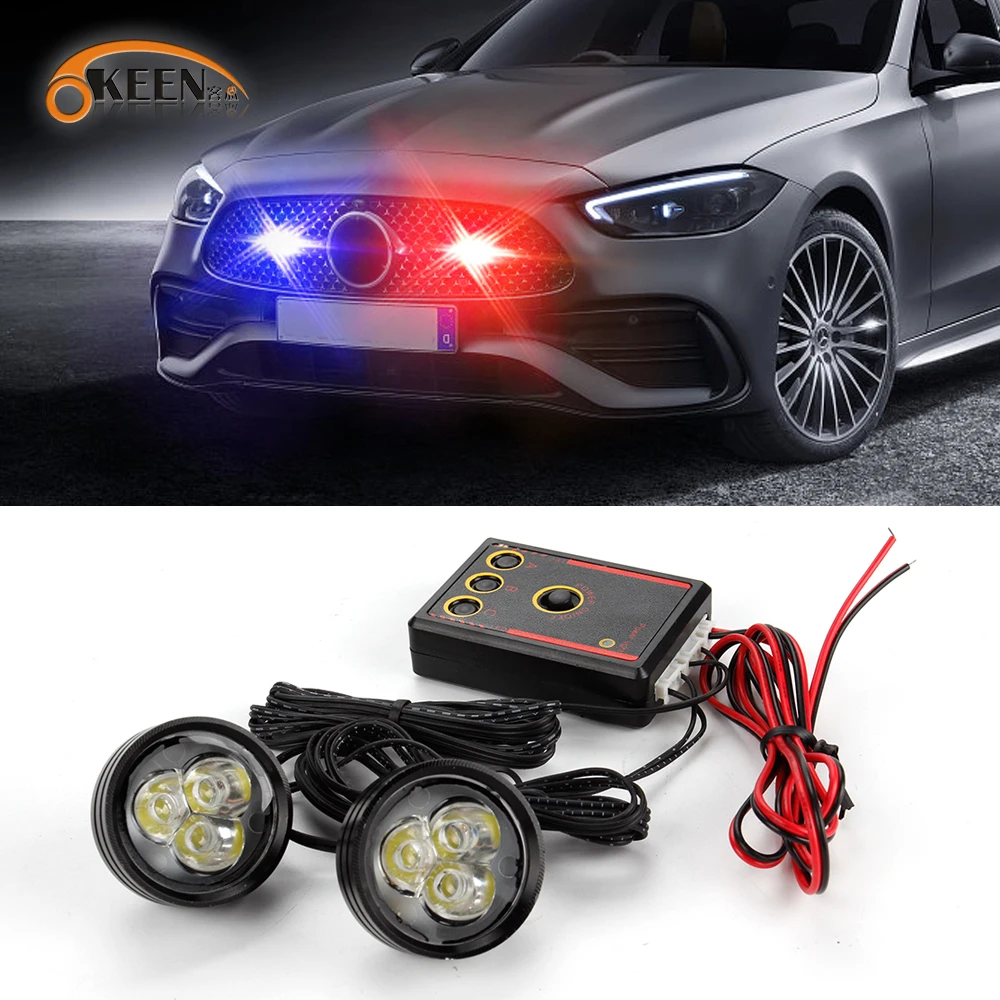 OKEEN 35mm LED Car Strobe Light Universal Front Grill Flash Warning Singal Lamp 12V Daytime Running Light With Remote Control