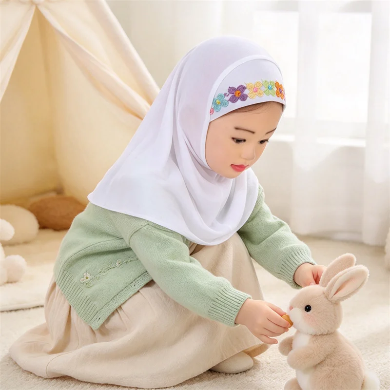 2-6 Year Old Jersey Hijab Kids Instant Scarf Muslim Girls Flower Amira Headscarf Islam Prayer Hijabs Niqab Nikab Head Wrap New