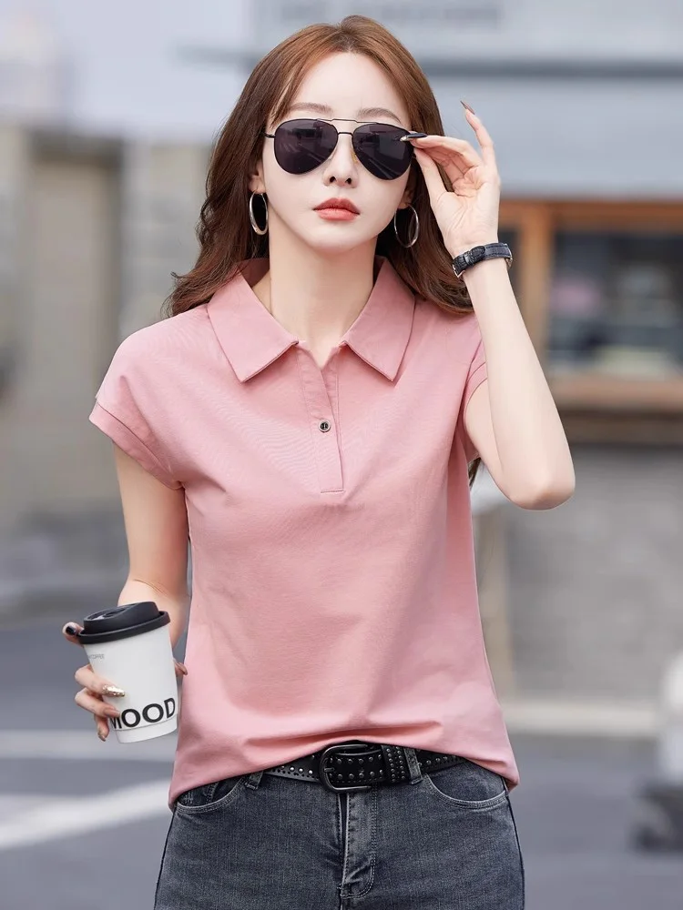 New Women Summer Sweet Cotton T-shirt Fashion Polo Collar Short Sleeve Loose T-shirt Casual Simplicity Basic T-shirt