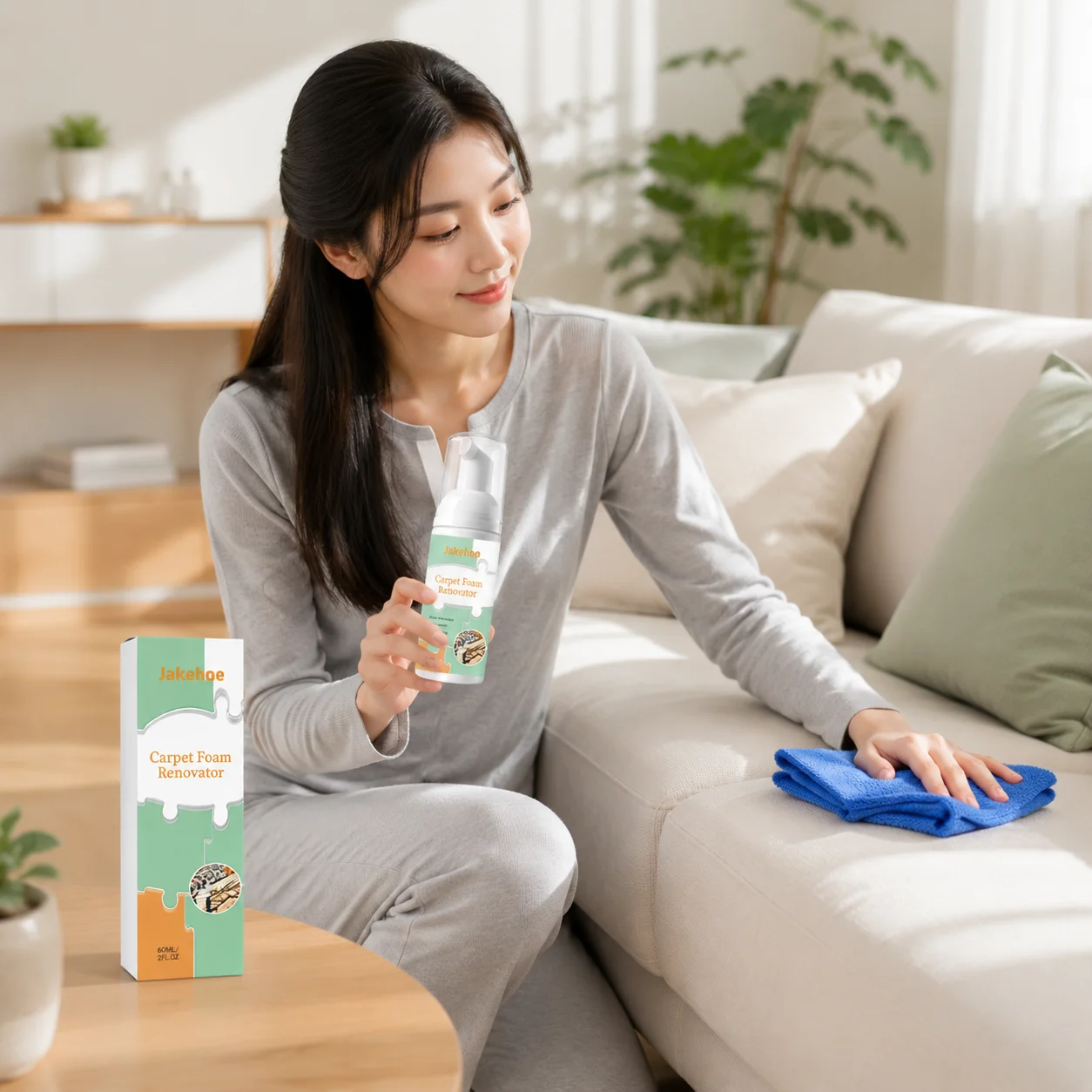 Jakehoe Carpet Foam Renovator Deep Stain Removal Fast Acting No Damp Residue With Cleaning Towel Waterless Seat Cleaner 60ml