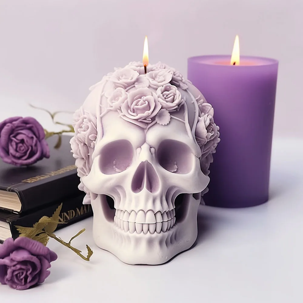 Rose Skull Candle Mold DIY Chocolate Cake Handmade Soap Plaster Resin Gypsum Silicone Mould Halloween Decoration Ornaments 1PC