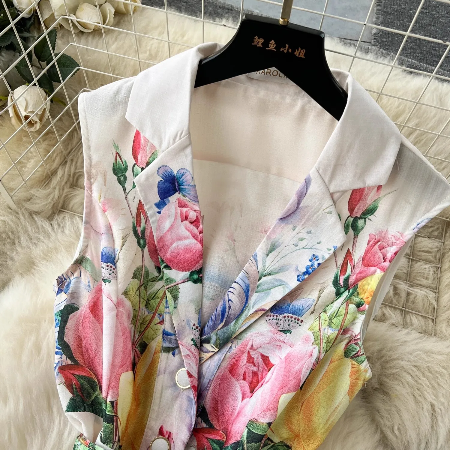 2024 Summer Holiday Beach Dress Women\'s Notched Collar Sleeveless Single Breasted Floral Print Belt Long Boho Party Vestido 6389