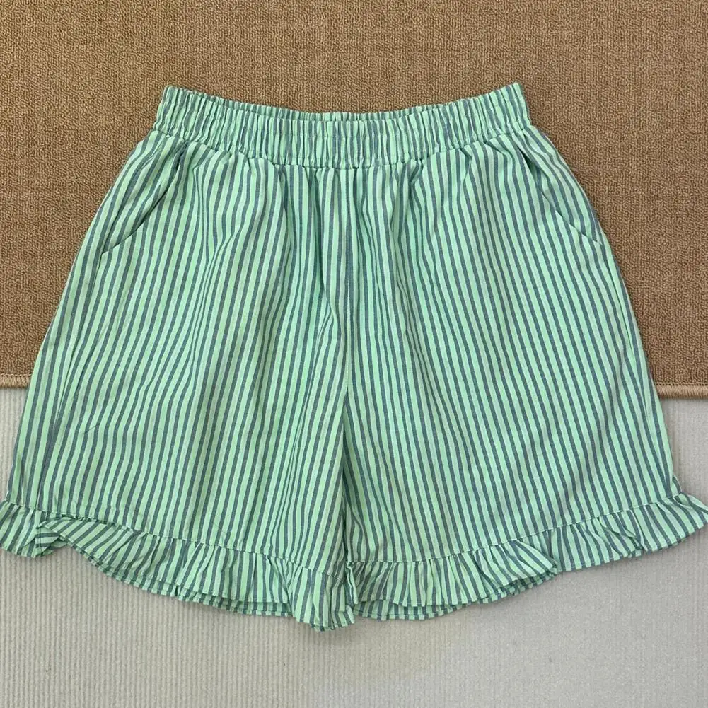 Women Shorts Candy-colored Elastic Waist Pajama Shorts Striped Print Shirring Edge Sleepwear for Women Striped Casual Shorts